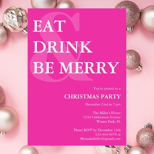 Modern Eat Drink & Be Merry Pink Christmas Party Kaart