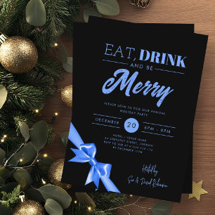 Modern Eat, Drink Be Merry Xmas Blue Ribbon Zwart Kaart