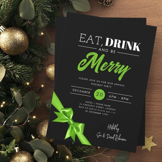 Modern Eat, Drink Be Merry Xmas Green Ribbon Zwart Kaart