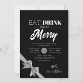 Modern Eat, Drink Be Merry Xmas Silver Ribbon Zwar Kaart (Voorkant)