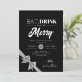 Modern Eat, Drink Be Merry Xmas Silver Ribbon Zwar Kaart (Staand voorkant)