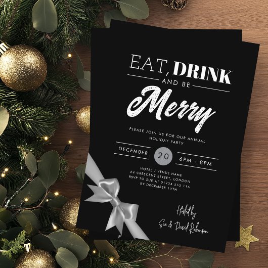 Modern Eat, Drink Be Merry Xmas Silver Ribbon Zwar Kaart
