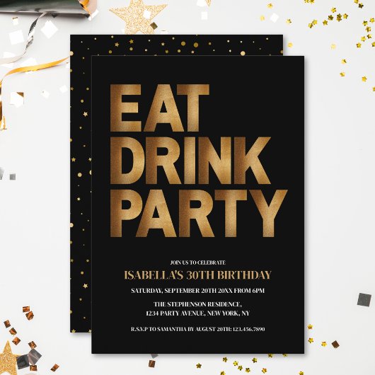 Modern Eat Drink Party Zwart & Goud Verjaardagsfee Kaart