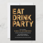 Modern Eat Drink Party Zwart & Goud Verjaardagsfee Kaart (Voorkant)