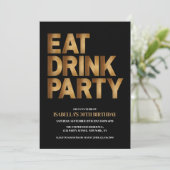 Modern Eat Drink Party Zwart & Goud Verjaardagsfee Kaart (Staand voorkant)