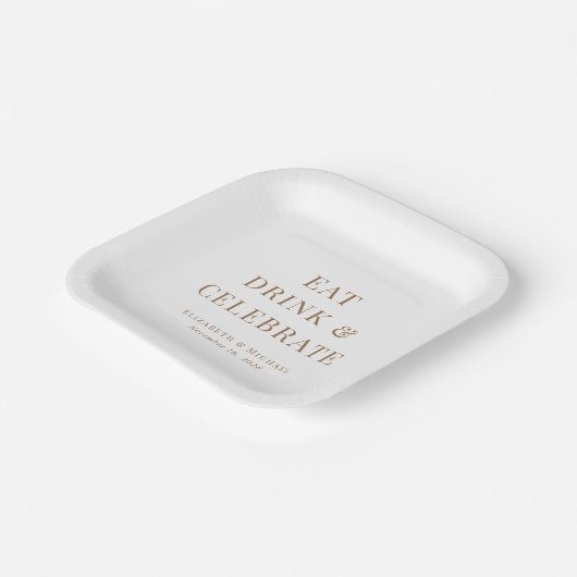 Modern Eat Drink Vier Wit Goud Bruiloft Papieren Bordje (Gebogen)