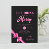 Modern Eat Drink Xmas Hot Pink Ribbon Zwart Kaart (Staand voorkant)