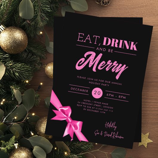 Modern Eat Drink Xmas Hot Pink Ribbon Zwart Kaart