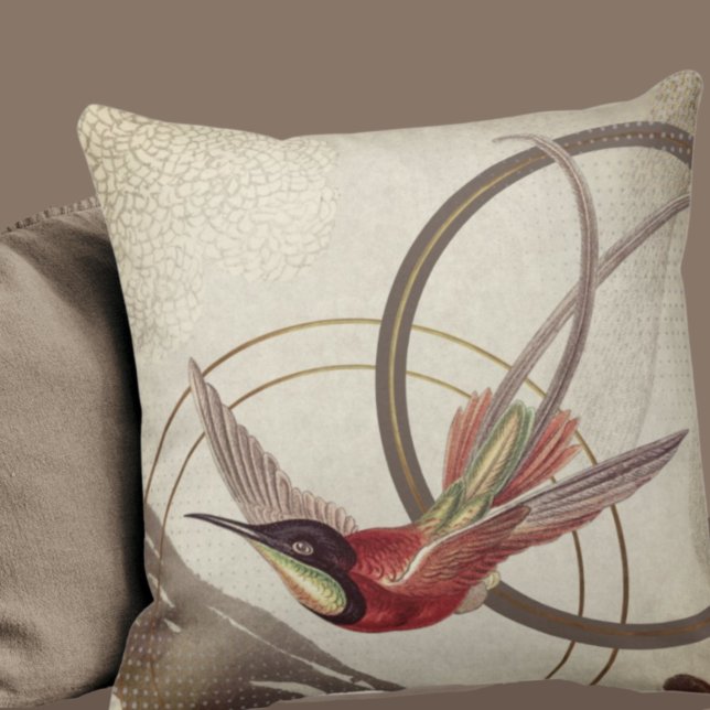 Modern Ecru Hummingbird Design | Taupe Kussen (Creator heeft geüpload)