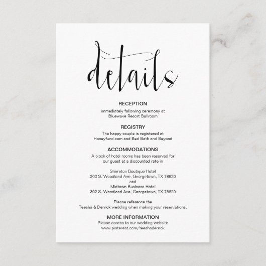 Modern Editable Wedding Details, Black Font Informatiekaartje (Voorkant)