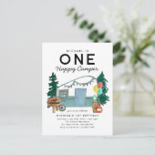 Modern Een Gelukkig Camper Bomen Camping 1e Verjaa Briefkaart (Staand voorkant)