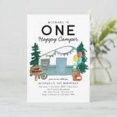 Modern Een Gelukkig Camper Bomen Camping 1e Verjaa Kaart (Staand voorkant)