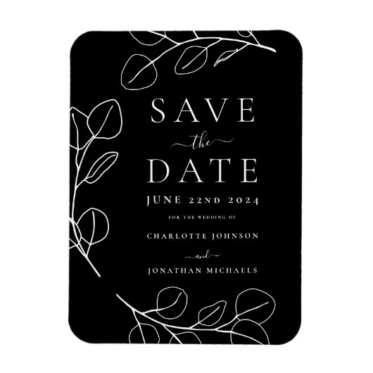 Modern Eenvoudig Blad Zwart Bruiloft Save the Date Magneet (Verticaal)