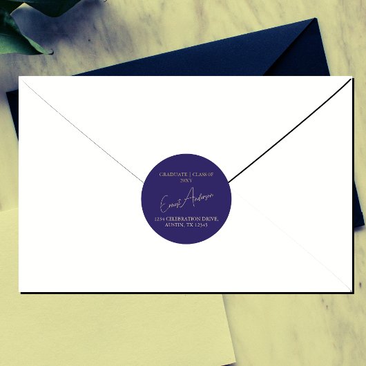 Modern eenvoudig blauw Afstuderen retouradres zege Ronde Sticker