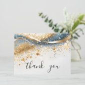 Modern Eenvoudig Blauw en Goud Sequin Script Bedankkaart (Staand voorkant)