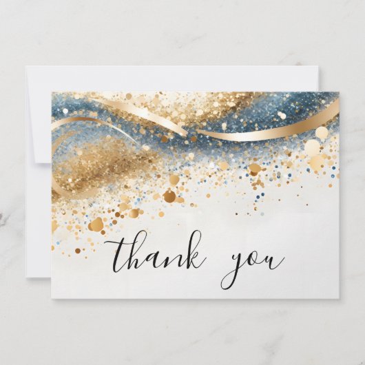 Modern Eenvoudig Blauw en Goud Sequin Script Bedankkaart (Voorkant)