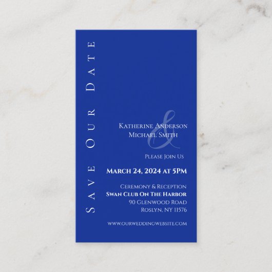 Modern Eenvoudig Blauw en wit-Save the Date- Visitekaartje (Voorkant)