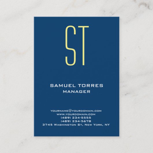 Modern eenvoudig blauw geel monogram visitekaartje (Voorkant)