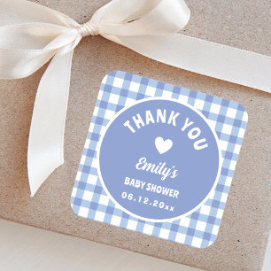 Modern eenvoudig blauw gingham Baby shower dank u Vierkante Sticker