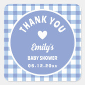 Modern eenvoudig blauw gingham Baby shower dank u Vierkante Sticker (Voorkant)