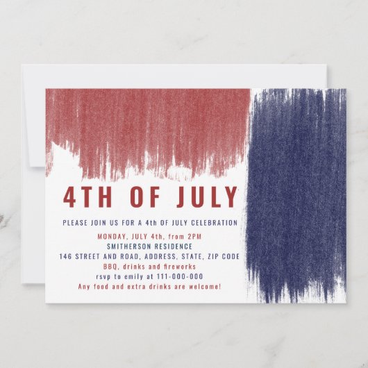 Modern eenvoudig blauw rood penseelstreken 4th of  kaart (Voorkant)
