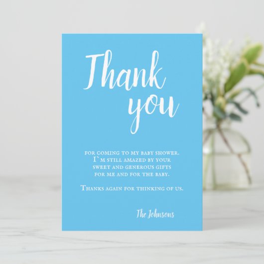 Modern eenvoudig blauw typografie Baby shower Bedankkaart (Staand voorkant)