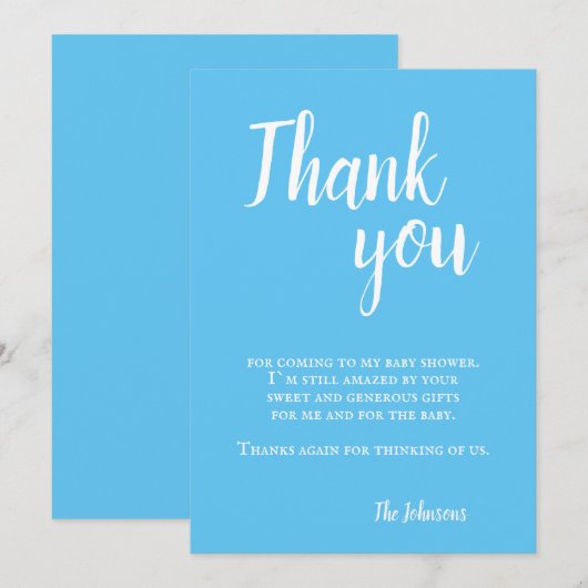 Modern eenvoudig blauw typografie Baby shower Bedankkaart (Voorkant / Achterkant)
