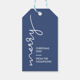 Modern Eenvoudig Blauw Vrolijk Kerstmis Script Cadeaulabel