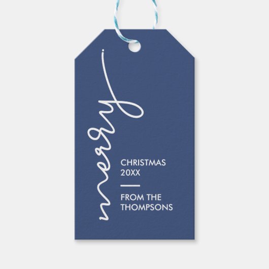 Modern Eenvoudig Blauw Vrolijk Kerstmis Script Cadeaulabel (Voorkant)