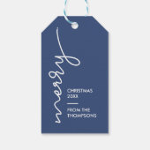 Modern Eenvoudig Blauw Vrolijk Kerstmis Script Cadeaulabel (Achterkant)