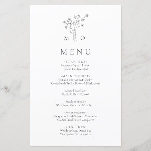 Modern eenvoudig elegant boeket bruiloft menu (Voorkant)