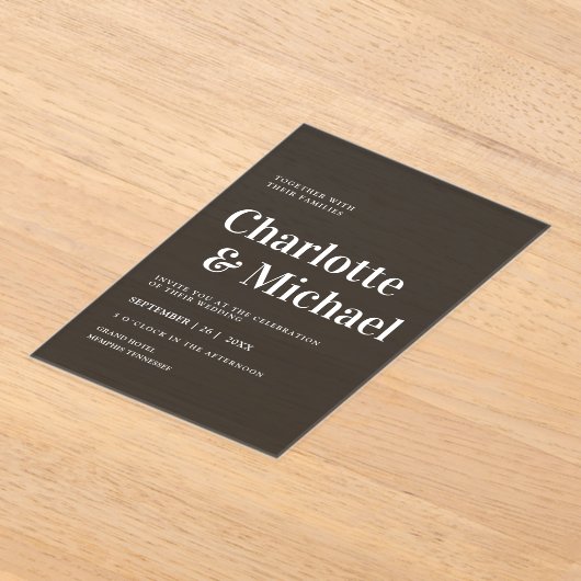 Modern, eenvoudig, elegant, donkergrijs acryl uitnodigingen (Laagn)