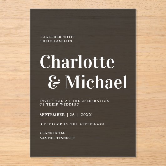 Modern, eenvoudig, elegant, donkergrijs acryl uitnodigingen (Voorkant)