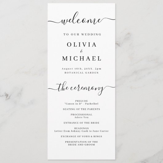 Modern eenvoudig elegant script bruiloft programma programmakaart (Voorkant)