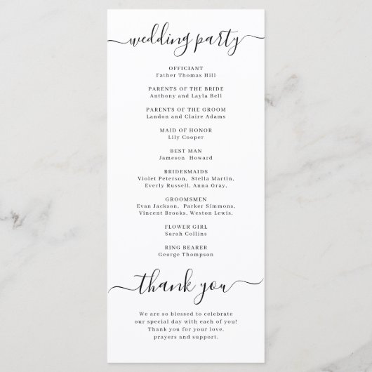 Modern eenvoudig elegant script bruiloft programma programmakaart (Achterkant)