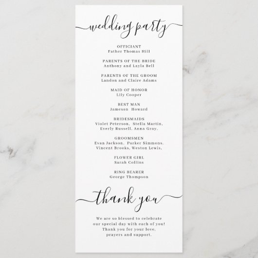 Modern eenvoudig elegant script bruiloft programma programmakaart (Achterkant)