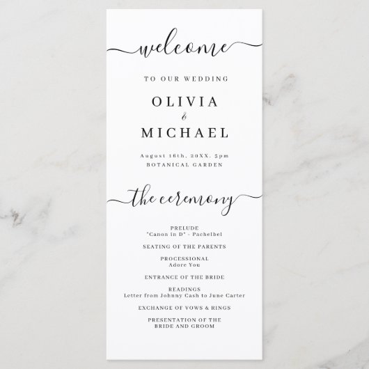 Modern eenvoudig elegant script bruiloft programma programmakaart (Voorkant)