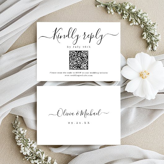 Modern eenvoudig elegant script bruiloft QR-code RSVP Kaartje