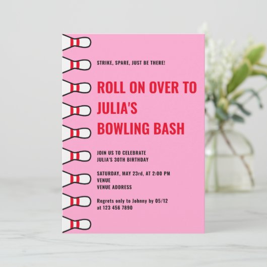 Modern Eenvoudig Elke Leeftijd Roze Bowling Verjaa Kaart (Staand voorkant)