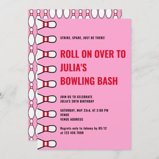 Modern Eenvoudig Elke Leeftijd Roze Bowling Verjaa Kaart (Voorkant / Achterkant)