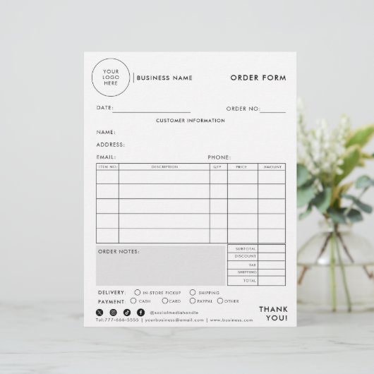 Modern eenvoudig formeel bestelformulier (Staand voorkant)