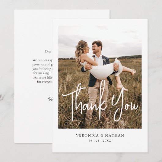 Modern eenvoudig fotoscript bruiloft dank Kaart (Voorkant / Achterkant)