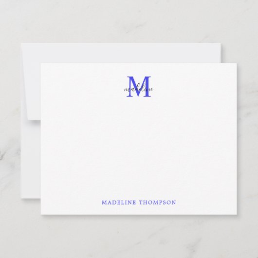 Modern eenvoudig geborsteld Metaal Blauw Monogram Notitiekaartje (Voorkant)