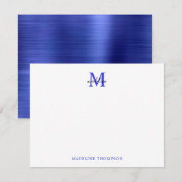 Modern eenvoudig geborsteld Metaal Blauw Monogram Notitiekaartje