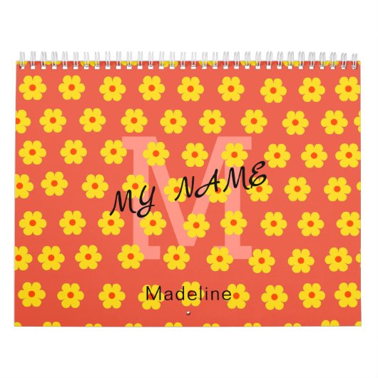 Modern eenvoudig geel sinaasappel bloemen monogram kalender (Hoes)