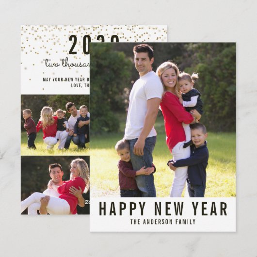 Modern Eenvoudig Gelukkig Nieuwjaar 4 Foto Goud Co Feestdagenkaart (Voorkant / Achterkant)