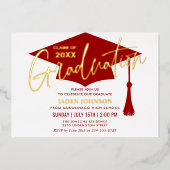 Modern Eenvoudig Gouden Rood Afstudeerfeest Folie Uitnodiging (Voorkant)