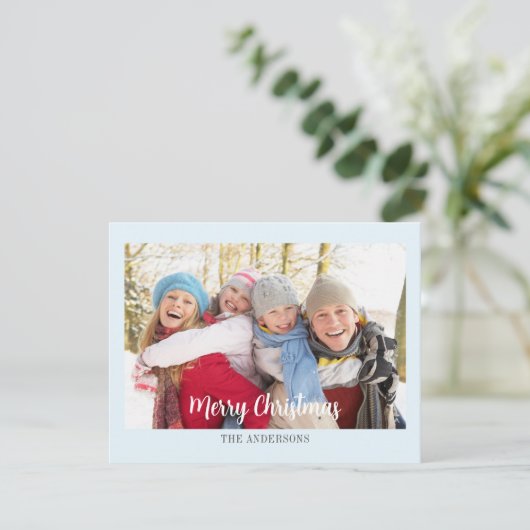 Modern Eenvoudig Ijsblauw Foto Kerstflat Feestdagenkaart (Staand voorkant)