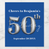 Modern Eenvoudig Koninklijk Blauw en Zilver 50ste  Wijn Etiket (Enkel label)