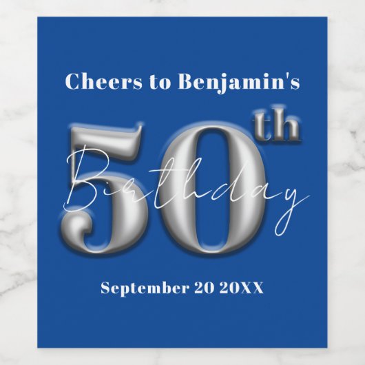 Modern Eenvoudig Koninklijk Blauw en Zilver 50ste  Wijn Etiket (Enkel label)